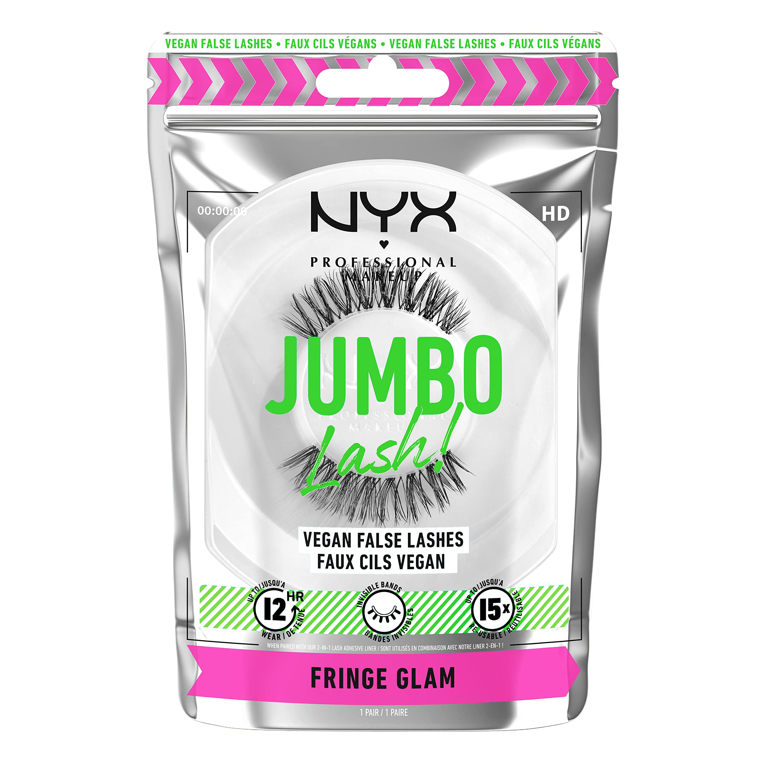 NYX Professional Makeup False Lashes, Long-lasting 12h Wear, Invisible Bands, Re-Usable up to x15, Vegan Lashes, Jumbo Lash!, Fringe Glam
