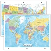 Detailed United States Map &amp; World Map Reference Page &ndash; Laminated, Double-Sided 3-Ring Binder Insert &ndash; Durable Gloss Geography Chart for Study &amp; Binder Organization
