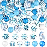 Qunclay 200 Pcs Blue Wooden Beads Winter Snowflake Snowman Wooden Beads Christmas 16 mm Wood Crafts for Tiered Tray Decor DIY Jewelry Making Garland Necklace Earring Bracelet Xmas Tree Decor