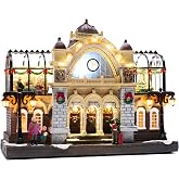 Valery Madelyn Christmas Village Decorations, 2 Levels Union Station with Lights, Battery Operated Xmas Figurine Musical House Snow Scenes Gift for Christmas Indoor Home Decorations, 12.8 Inch