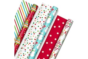 Hallmark Reversible Christmas Wrapping Paper for Kids (3 Rolls: 120 sq. ft. ttl) Vibrant Brights, Stripes, Trees, Ornaments, Polka Dots