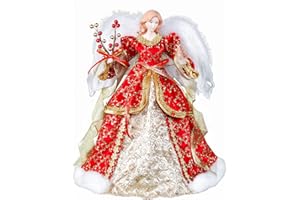 iPEGTOP 16 inches Angel Christmas Tree Topper with White Feather Wings in Red and Gold Dress, Unlit Christmas Treetop Flying Angel Winged Diva Fairy Goddess Figurine Ornaments