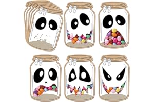 SHIEL-EVEN Halloween Mason Jar Candy Cards - 50 Pack Halloween DIY Cards with Clear Candy Bags for Kids, Trick or Treat Bags, Classroom Holiday Gifts for Kid