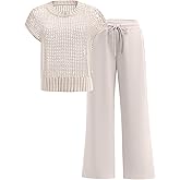 OUKODS Women Two Piece Outfits Crochet Sheer Knit Sweater Top Wide Leg Pants Lounge Matching Sets Sweatsuit Travel Clothes
