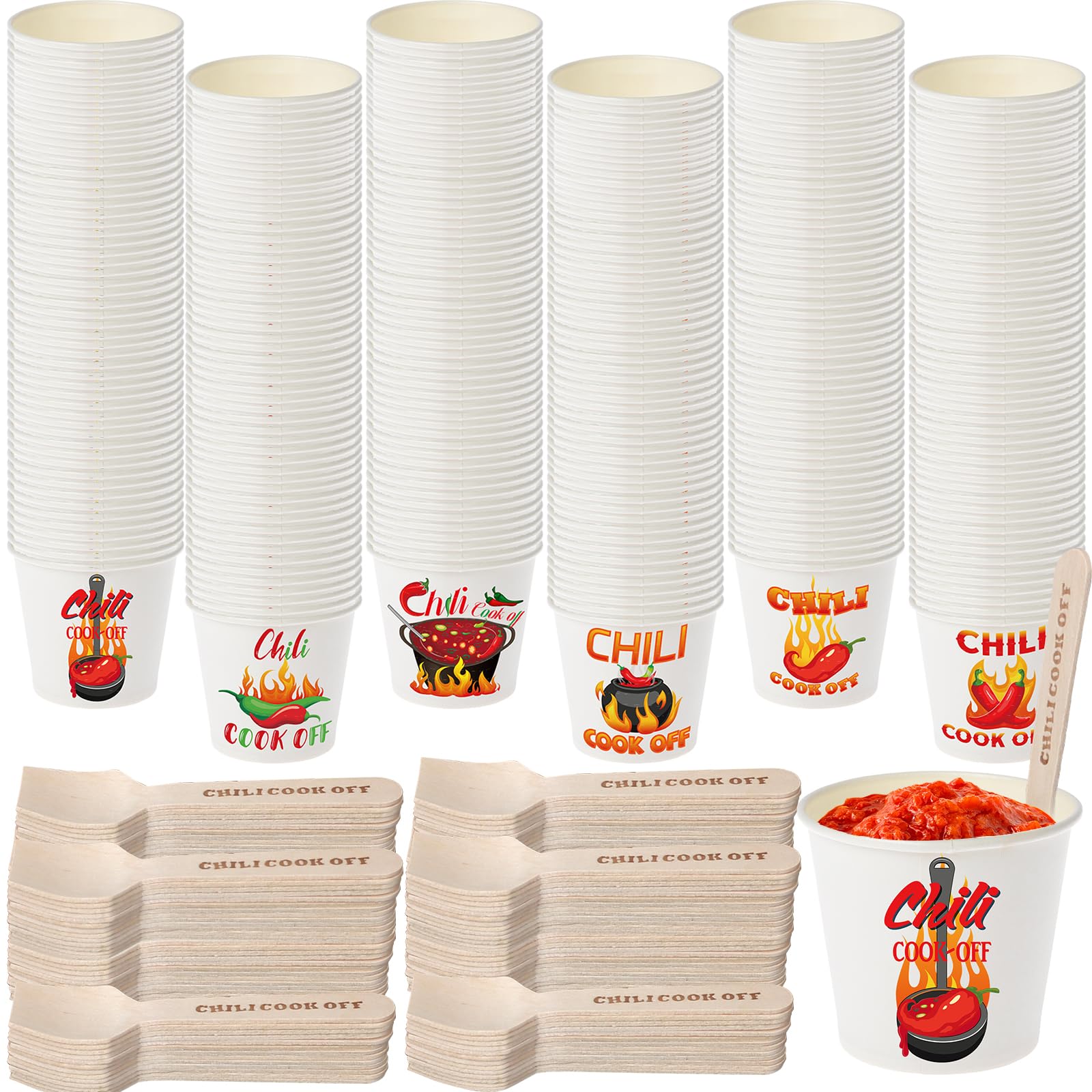 Photo 1 of **PICTURE FOR REFERENCE**
Tkifoda 600 Pcs 5 oz Chili Cook Off Cups 300 Pcs Disposable Paper Chili Tasting Cups Food Sample Cups 300 Pcs Wooden Spoons for Chili Cook off Decorations Mexican Party Supplies