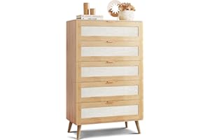 WLIVE Rattan Dresser for Bedroom, 5 Drawer Wooden Boho Dresser Storage with Gold Metal Handle, Chest of Drawers for Living Room, Closet, Hallway, Light Oak