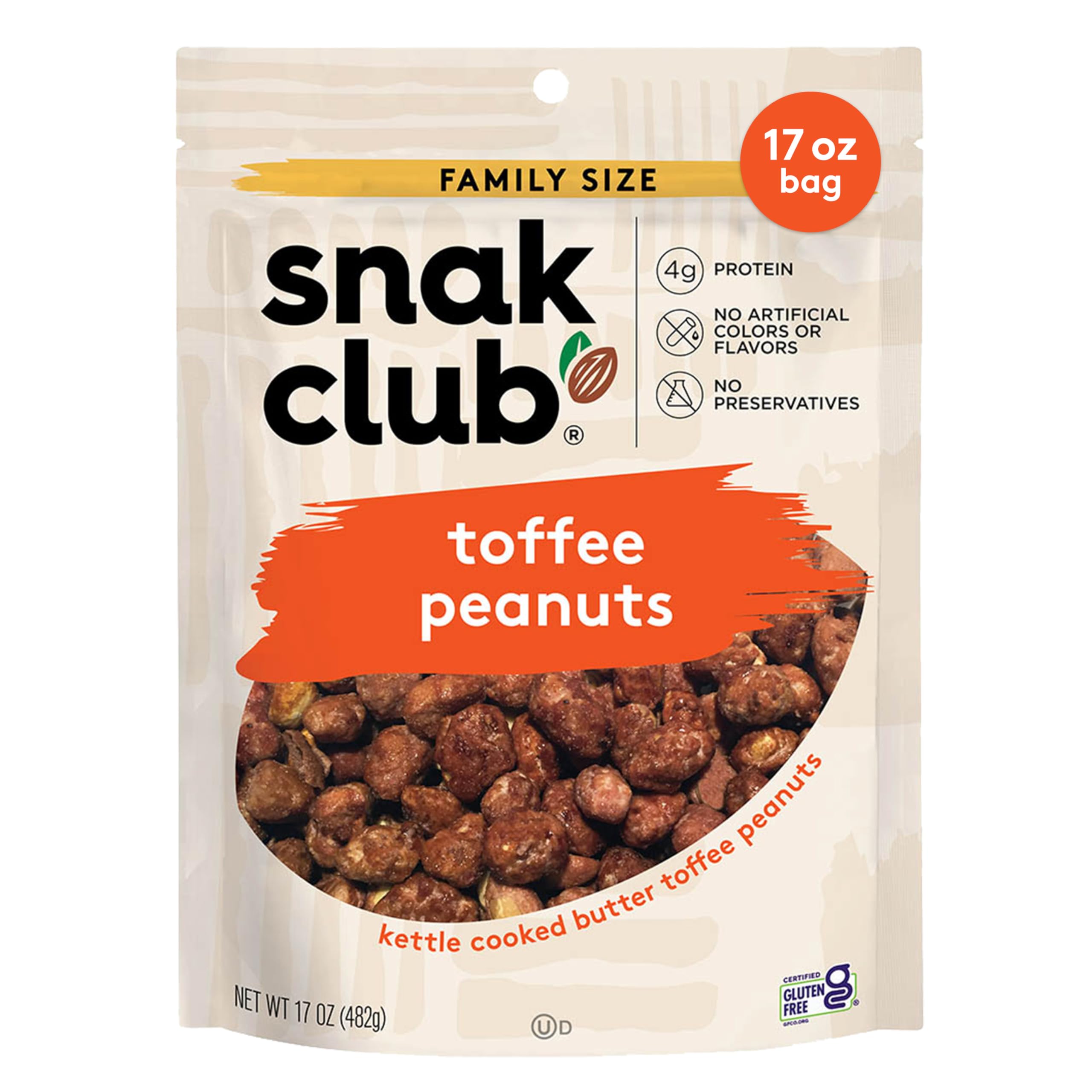 Photo 1 of **BB 8/18/2026** Snak Club Toffee Peanuts, Candied Peanuts with Praline Coat and Sweet Cream, Gluten-Free and Kosher Snack, 17 oz Resealable Bag ONE BAG
