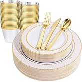 Ciaell 150PCS Pink Plastic Plates – Disposable Pink and Gold Plates Set include 50Plates, 25Forks, 25Knives, 25Spoons, 25Cups for Wedding & Party & Valentine's Day