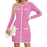 ZESICA Fall Dresses for Women 2026 Long Sleeve Button Color Block Knit Bodycon Short Sweater Dresses with Pockets