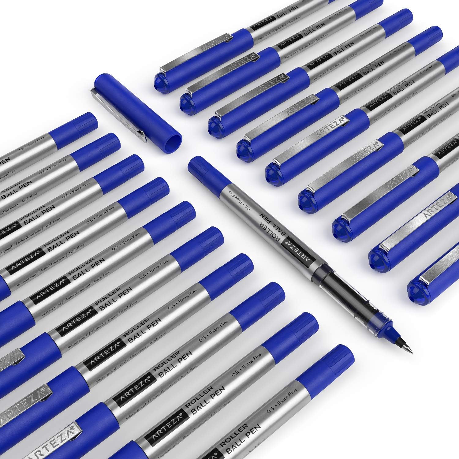 Arteza Rollerball Pens, Pack of 20, 0.5mm Blue Liquid Ink Pens for Bullet Journaling, Fine Point Rollerball, Office Supplies for Writing, Taking Notes & Sketching: Office Products