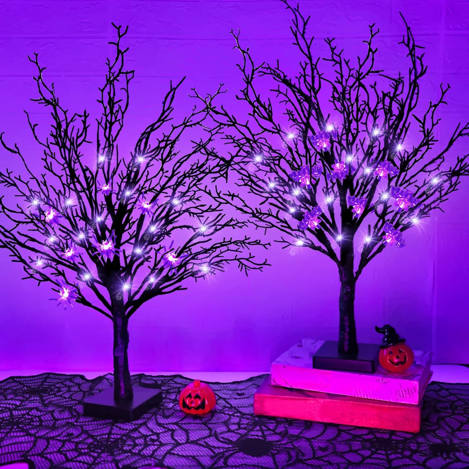 Trees - 2 Pack 24 Inch Halloween Black Tree Artificial Spooky Tree Timer Battery Powered with 48 LED Purple Lights DIY 25 Spider & 25 Bat Tabletop Tree for Halloween Decorations Indoor Home Party Holiday
