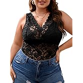 SOLY HUX Women's Plus Size Floral Lace Sheer V Neck Scalloped Trim Sleeveless Tank Tops