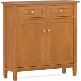 SIMPLIHOME Warm Shaker 36" Solid Wood Cabinet in Light Golden Brown | Transitional 2-shelf entryway accent cabinet with drawers and adjustable shelves for organized household storage.