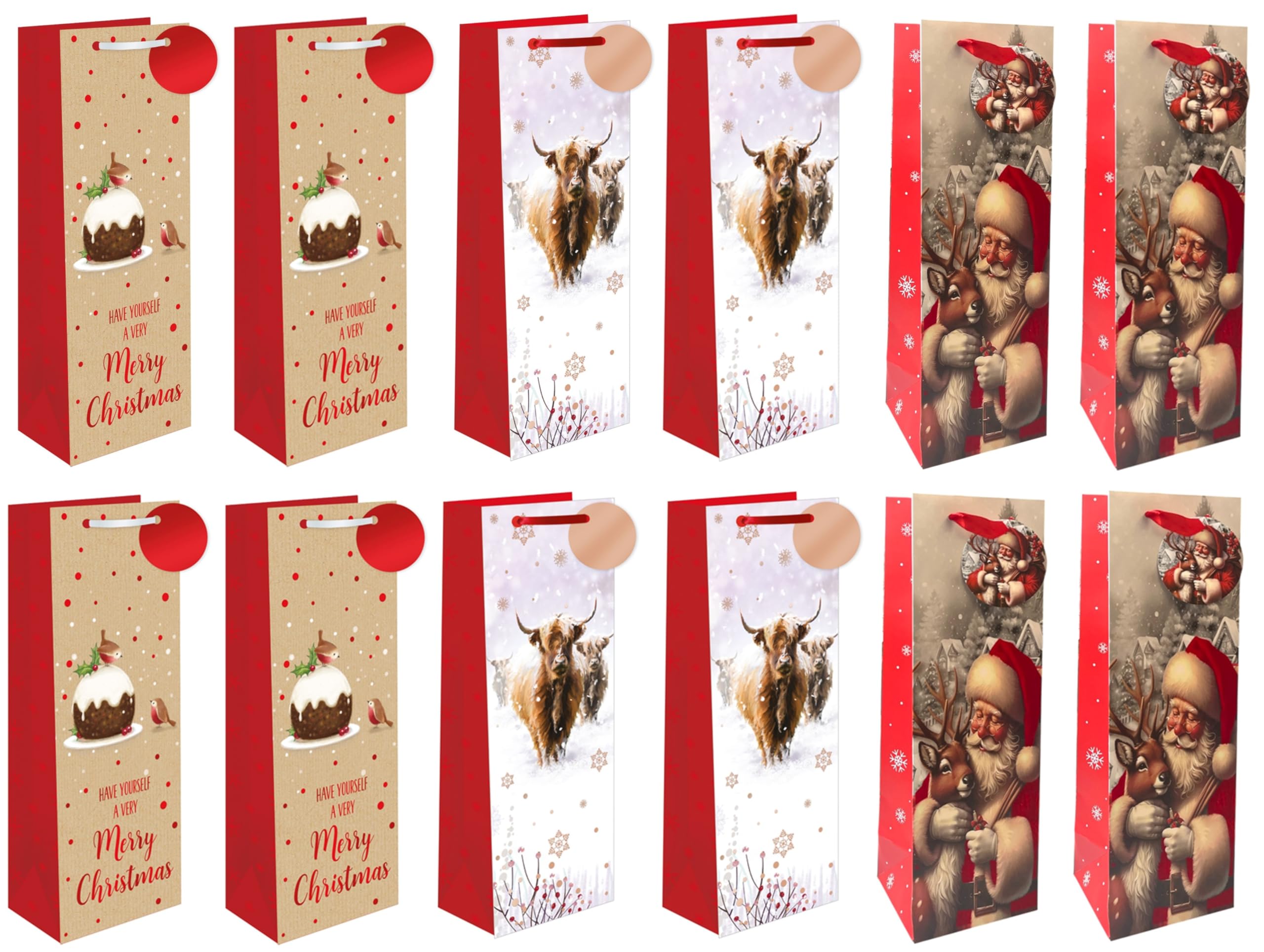 Set of 12 Christmas Wine Bottle Gift Bags with Tags - Traditional & Contemporary Designs