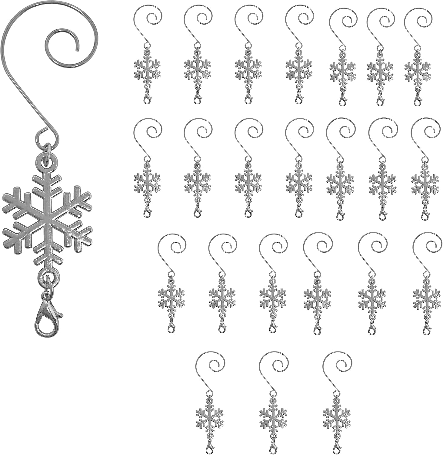 Ornament Hooks - BANBERRY DESIGNS Christmas Snowflake Ornament Hook with S-Hook and Lobster Claw - Set of 24- Shiny Silver Snowflake Hangers - Xmas Accessories & Accents for Hanging Ornaments