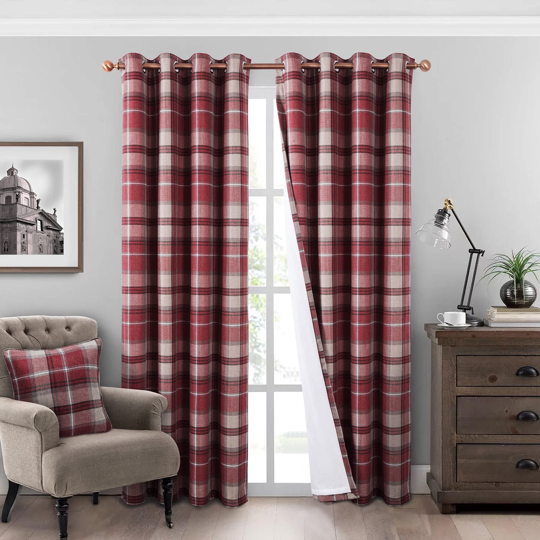 always4u Plaid Curtains 100% Blackout Thermal Energy Saving Drapes for Bedroom Woolen Look Farmhouse Living Room Curtains 2 Panels 45 * 95 Burgundy Red