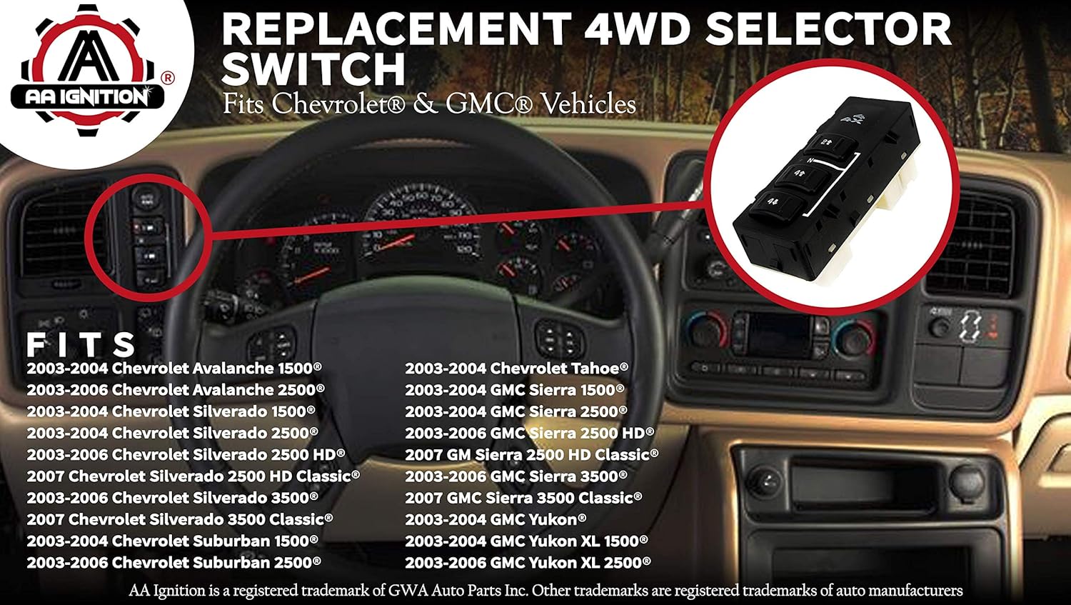 Amazon.com: 4WD Selector Switch, 4x4 - Fits Chevy Silverado, Suburban,  Avalanche, GMC Yukon, XL, Sierra 2003 - 2007 - Replaces# 19259312,  15164519, ...