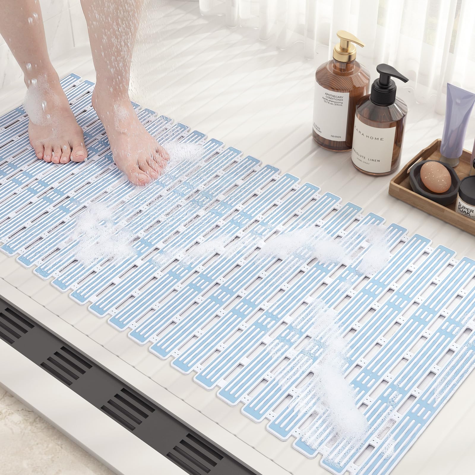 COLOR&GEOMETRY Shower Mat Non Slip Anti Mould 40x90Cm, Shower Mat Cut to Size, Machine Washable Bathroom Mat With Strong Suction Cups Non Slip Bath Mats for Inside Bath, Walk-In Bathroom - Light Blue