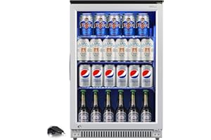 Weili 20 Inch Built in Beverage Refrigerator with Lock, Under Counter or Freestanding 120 Can Soda Beer Drink Cooler Fridge with Stainless Steel and Glass Door