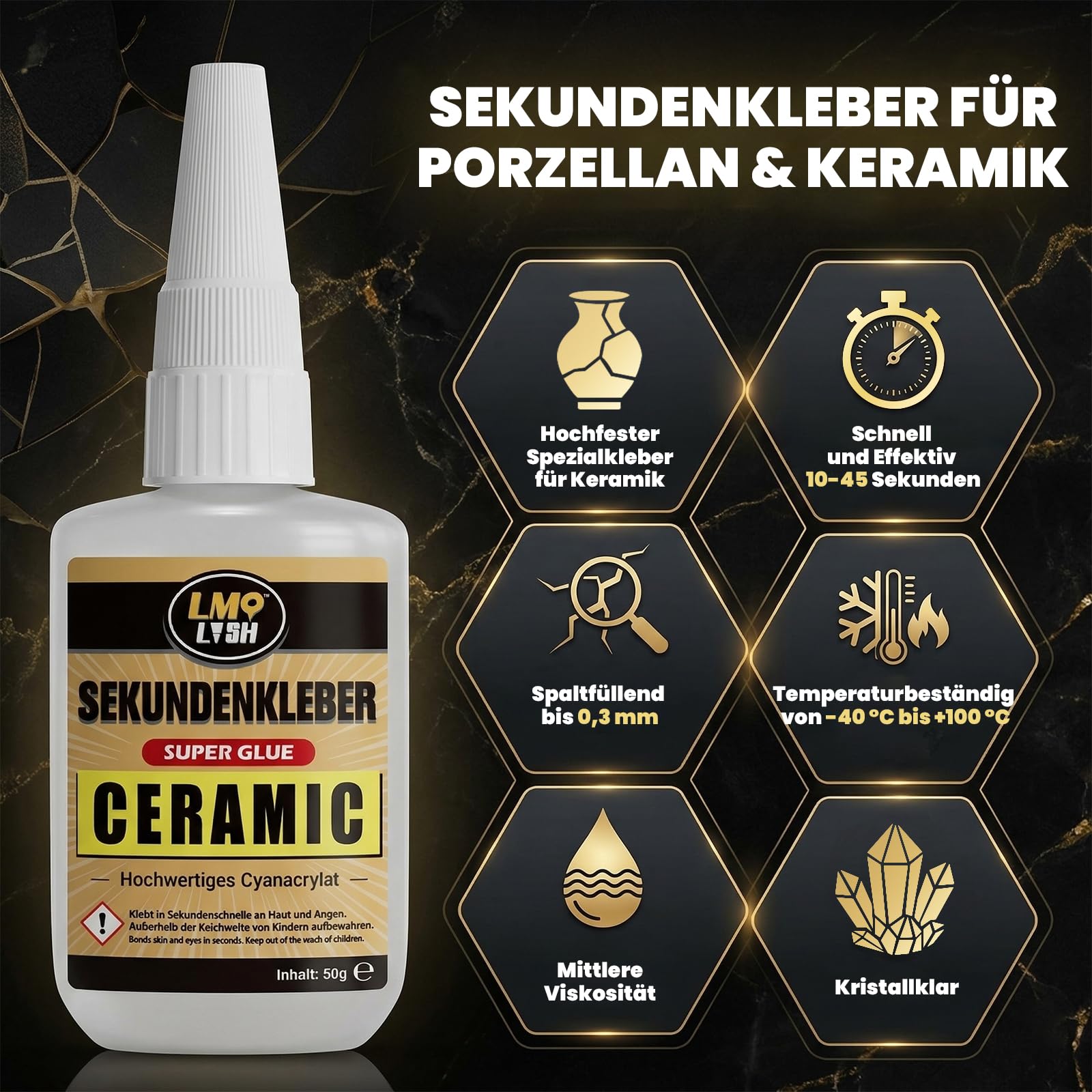 Sekundenkleber Flüssig für Keramik Porzellan Ton Stein, Porzellankleber Spülmaschinenfest Wasserfest, Keramik Kleber Extra Stark Superkleber für Alles Cyanacrylat Sekundenkleber mit Dünne Spitze, 50g 2