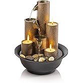 Alpine Corporation WCT202 Indoor Tabletop Tiered Water Fountain Featuring 3 Candles for Desktop and Table, 11", Brown