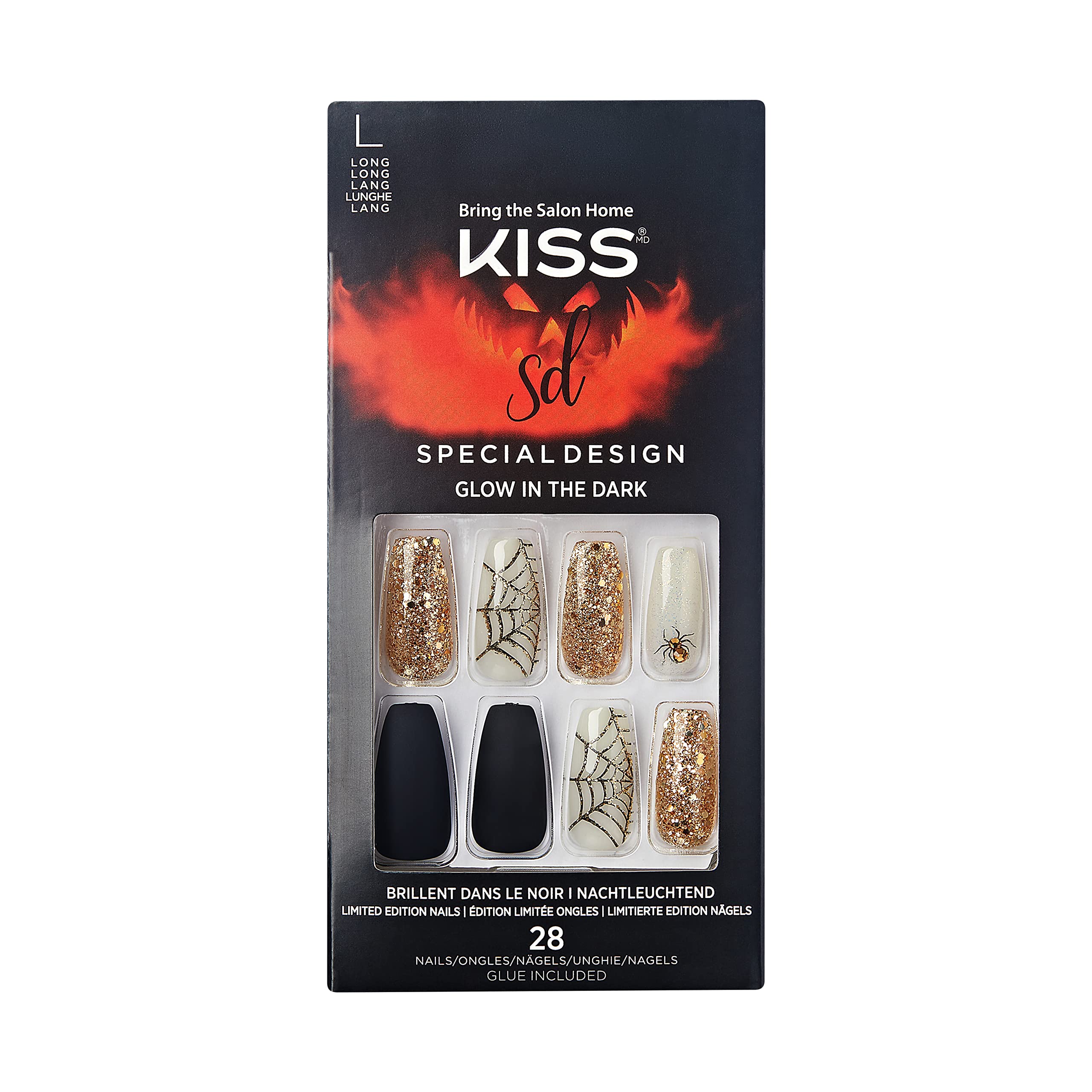 KISS Special Design Halloween Fake Nails, Glow-In-The-Dark, Style ‘Freaky Friday’, with Pink Gel Nail Glue, Mini Nail File, Manicure Stick, & 28 False Nails