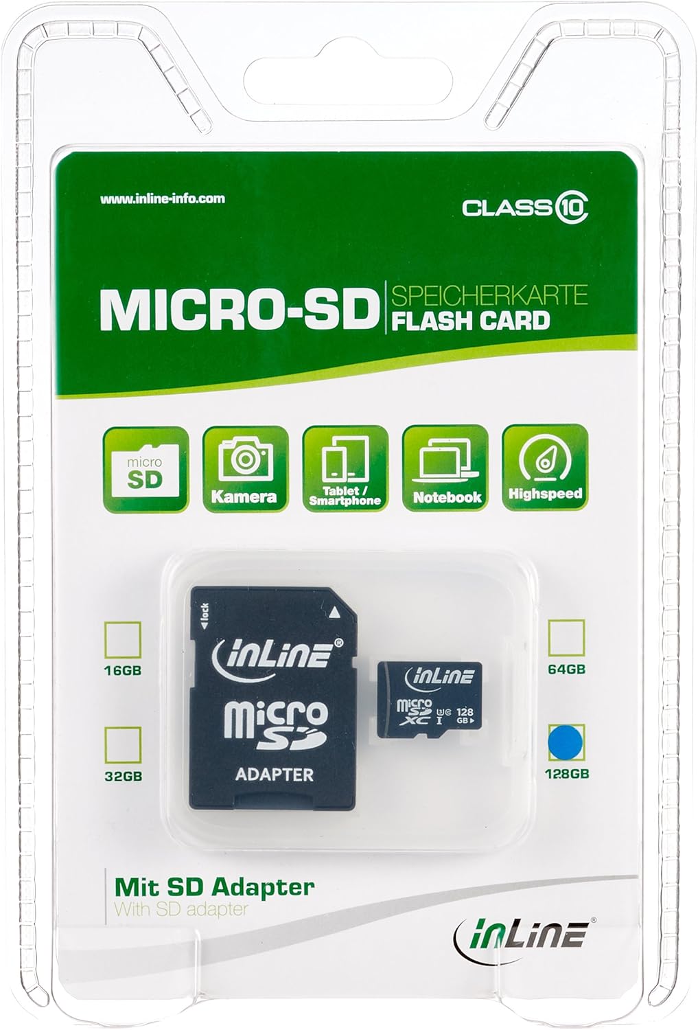 InLine 35055I microSDXC Memory Card with SD Adapter Class 10 600x 128GB - BLACK, 128 GB