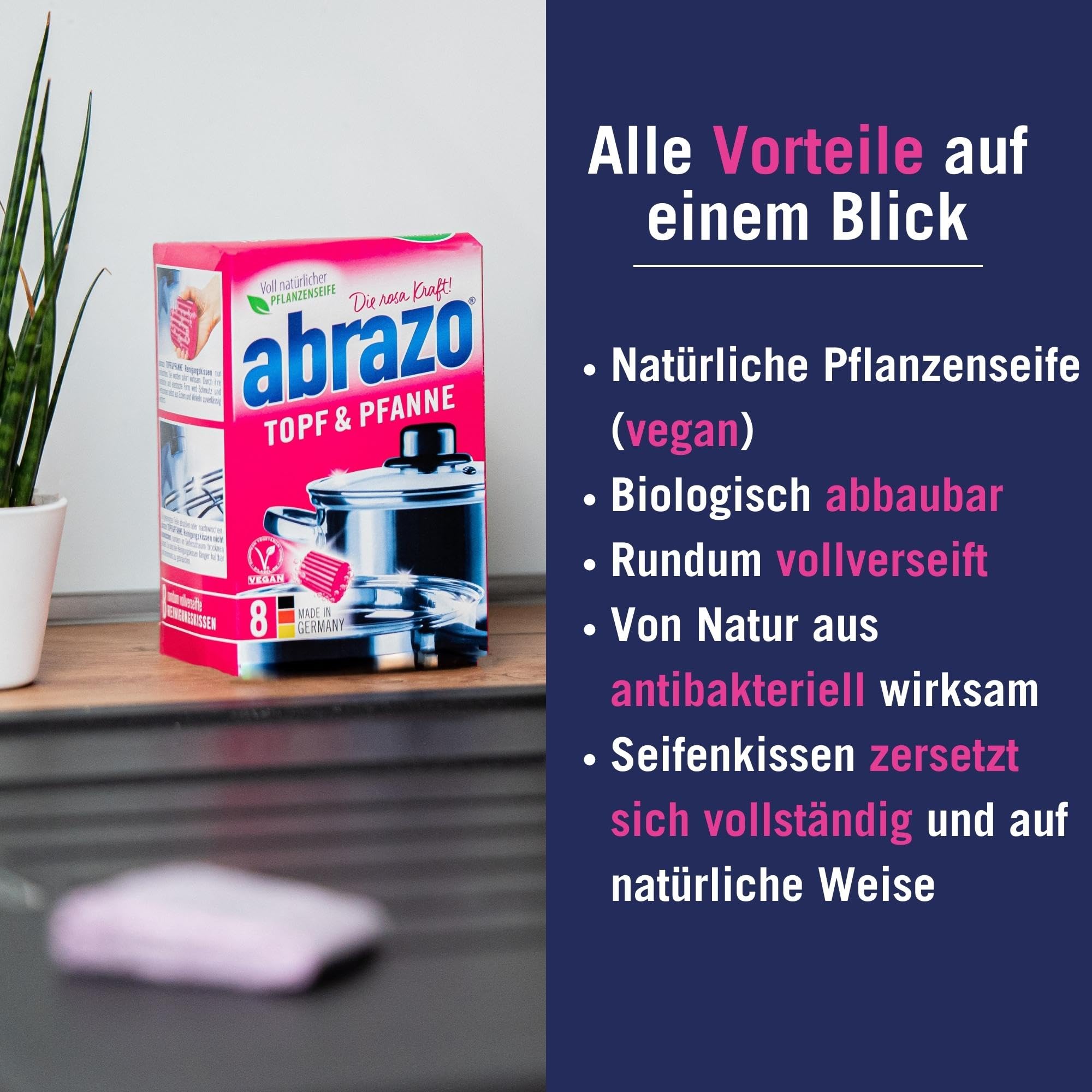 abrazo Topf & Pfanne | 8 Reinigungskissen für Töpfe, Grill & Backofen, Spülschwamm mit veganer Pflanzenseife, Küchenschwamm, Reinigungsschwamm 3