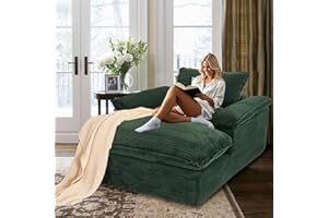VEPXXP Oversized Chaise Lounge Chair Indoor, 67" Boneless Chaise Lounge with Extra Deep Seat, Comfy Corduroy Upholstered Sleeper Sofa Bed, Cozy Fluffy Single Sofa Armchair for Living Room, Green