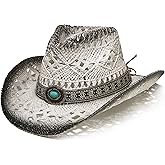 YOUBADU Western Straw Cowboy and Cowgirl Hats with Decorative Bands - Unisex Wide Brim Raffia Style Sun Hat
