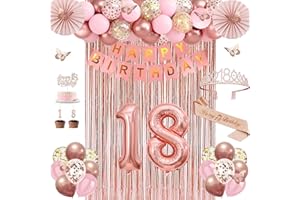 18th Birthday Decorations for Girls, 50pcs Rose Gold 18th Birthday Party Decorations, 18 Sash and Tiara, Fringe Curtain, Bann
