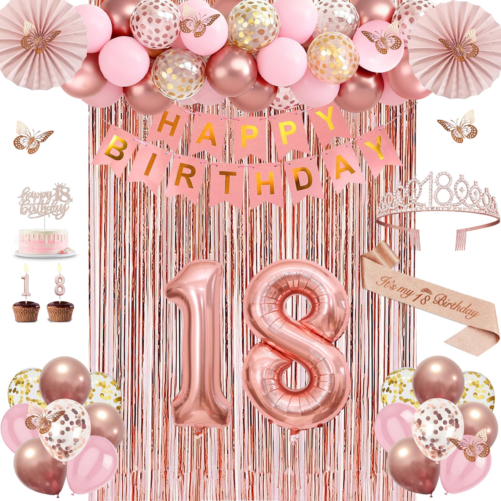 Photo 1 of 18th Birthday Decorations for Girls, Rose Gold 18 Birthday Decorations for Her, 18 Sash and Crown, Banner, Fringe Curtains, Hanging Paper Fans, 18 Year Old Party Supplies Set