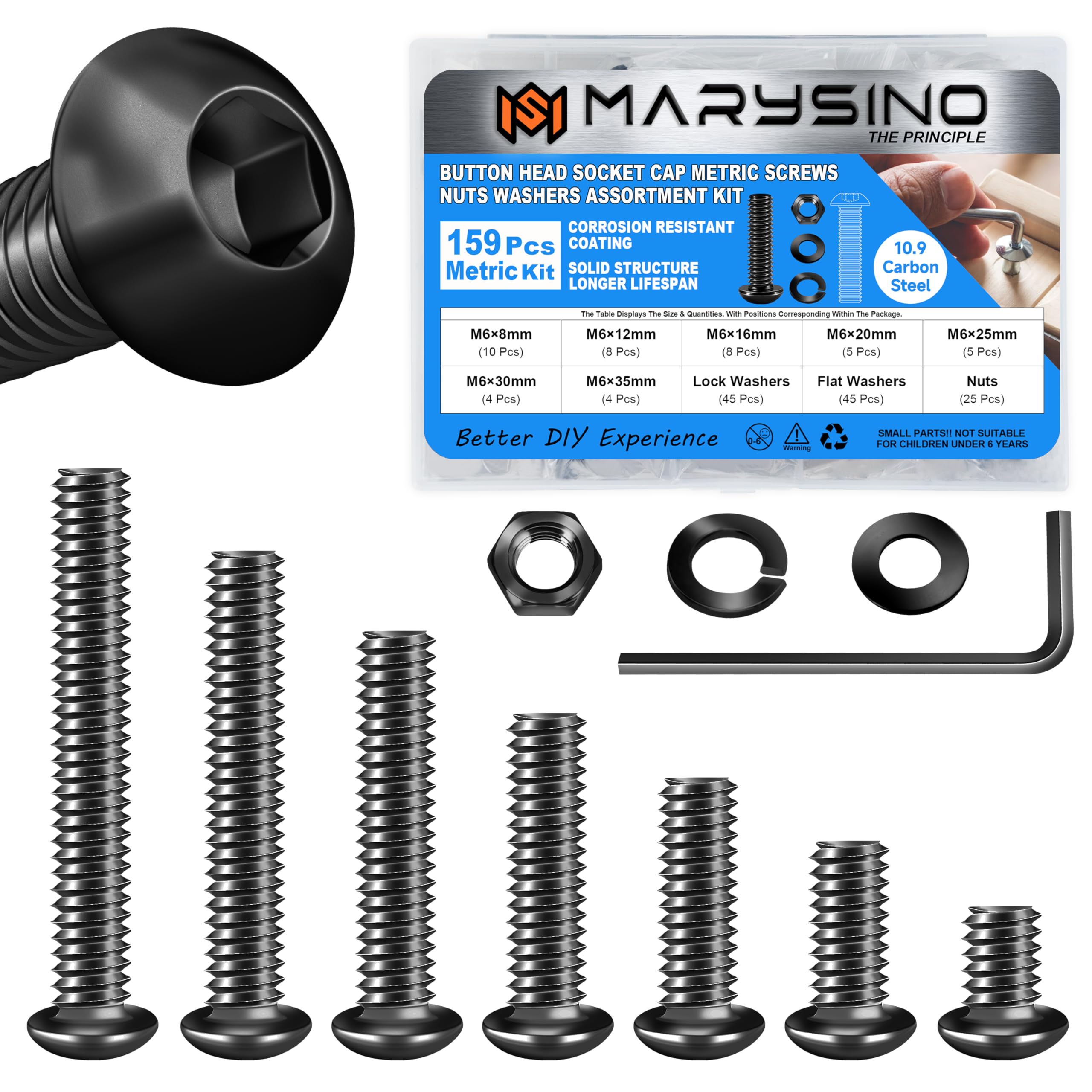 Photo 1 of 159 Pieces M6 Screw, Button Head Socket Cap Metric Screws Assortment Kit, Grade 10.9 Carbon Steel M6 Bolts and Washers/Nuts/Hex Wrenches, Black Oxided by Marysino