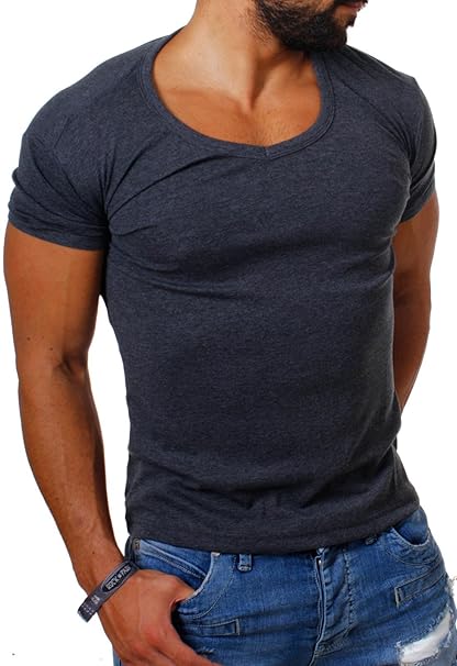 Young&Rich Herren Uni Feinripp Basic T-Shirt Tiefer Runder V-Ausschnitt Slimfit Deep Round V-Neck Einfarbig 1874