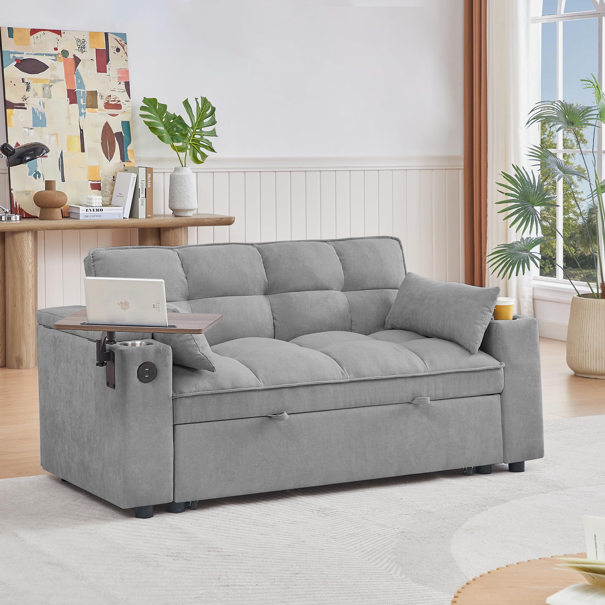 Photo 1 of 3 in 1 Convertible Pull Out Sleeper Sofa Couch Bed , 65" Oversized Chenille Futon Loveseat Recliner Daybed with Reclining Backrest ,Storage Armrest ,USB Port,Side Table and Cupholders for Living Room