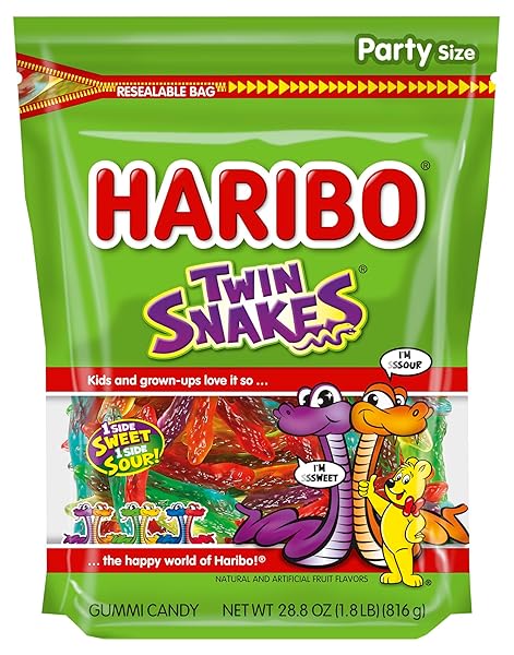 HARIBO GUMMI CANDY, TWIN SNAKES SWEET & SOUR GUMMY CANDY, 28.8 OUNCE RESEALABLE PARTY SIZE STAND UP BAG, SOFT & CHEWY SNACKS, ASSORTED FRUITY FLAVORS