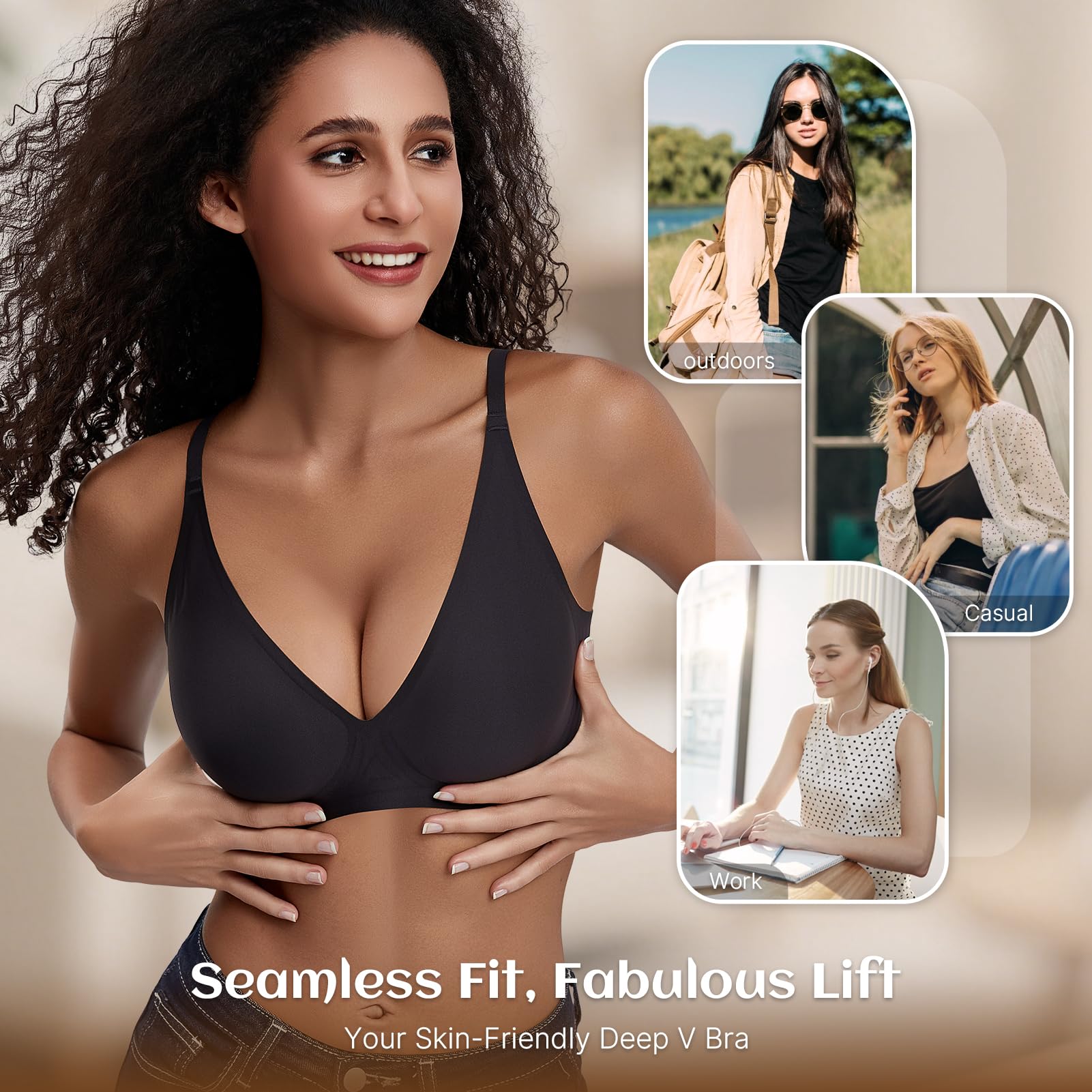 PQK Wireless Bras for Women Deep V Supportive Bras Flexible Soft Bralette Seamless T Shirt Bras No Underwire (Size S Black)