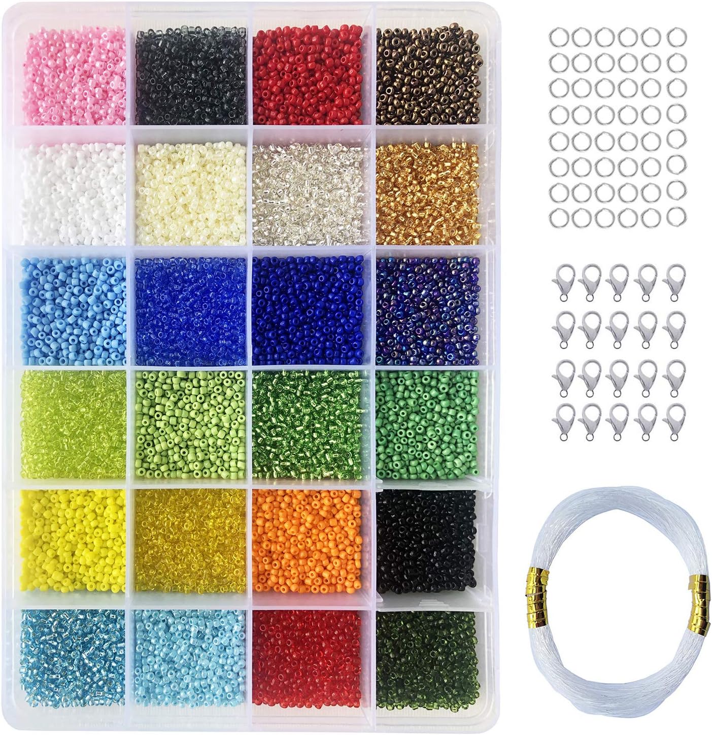 Size 12/0 Crafts Glass Seed Beads 2mm Tiny Pony Beads Assorted Kit with Organizer Box for Jewelry Making (24 Assorted Multicolor Set, Total About 24000pcs)