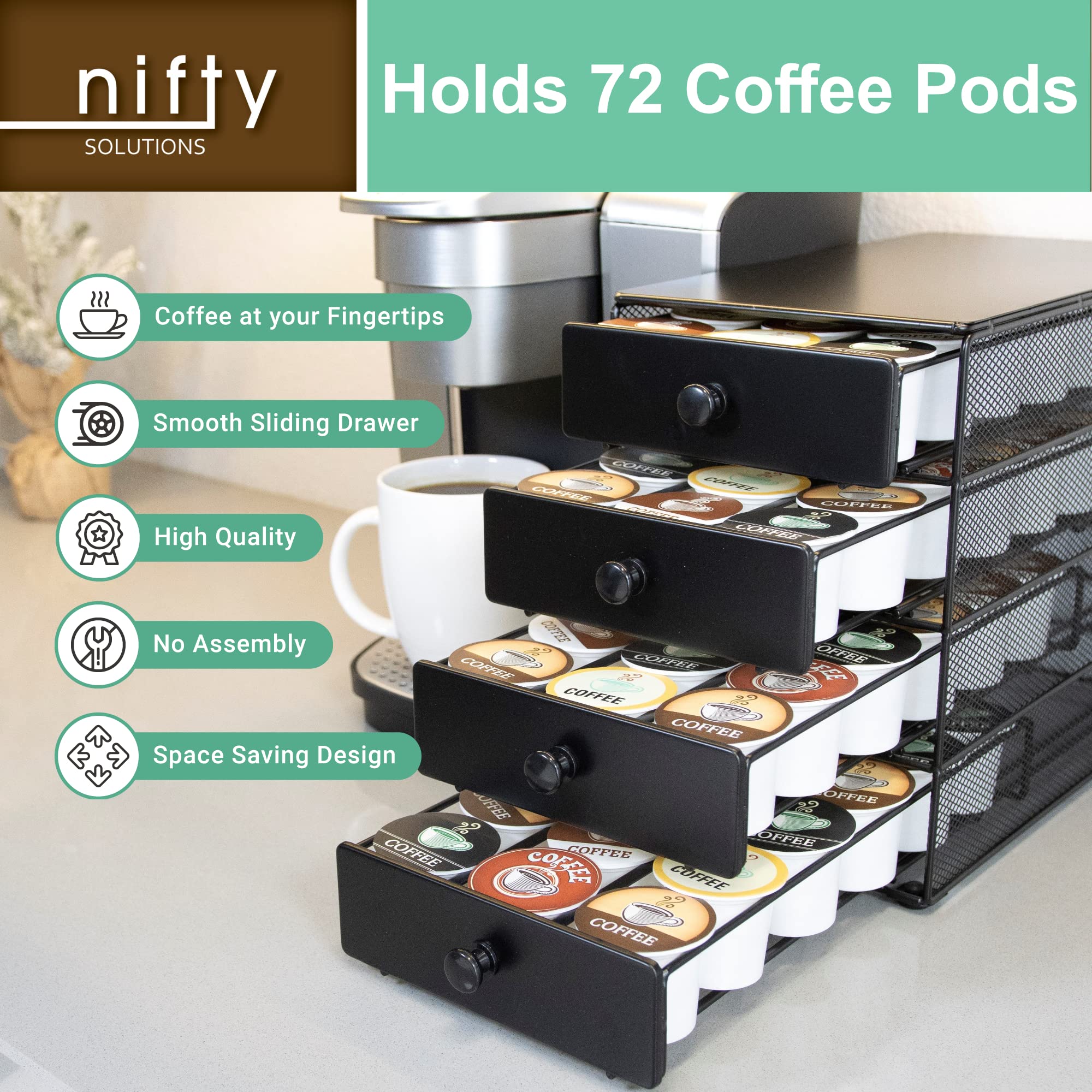 Nifty Coffee Pod Drawer – Black Satin Finish, Compatible with K-Cups, 72 Pod Pack Capacity Rack, 4-Tier Holder, Super-Sized Storage, Stylish Home or Office Kitchen Counter Organizer