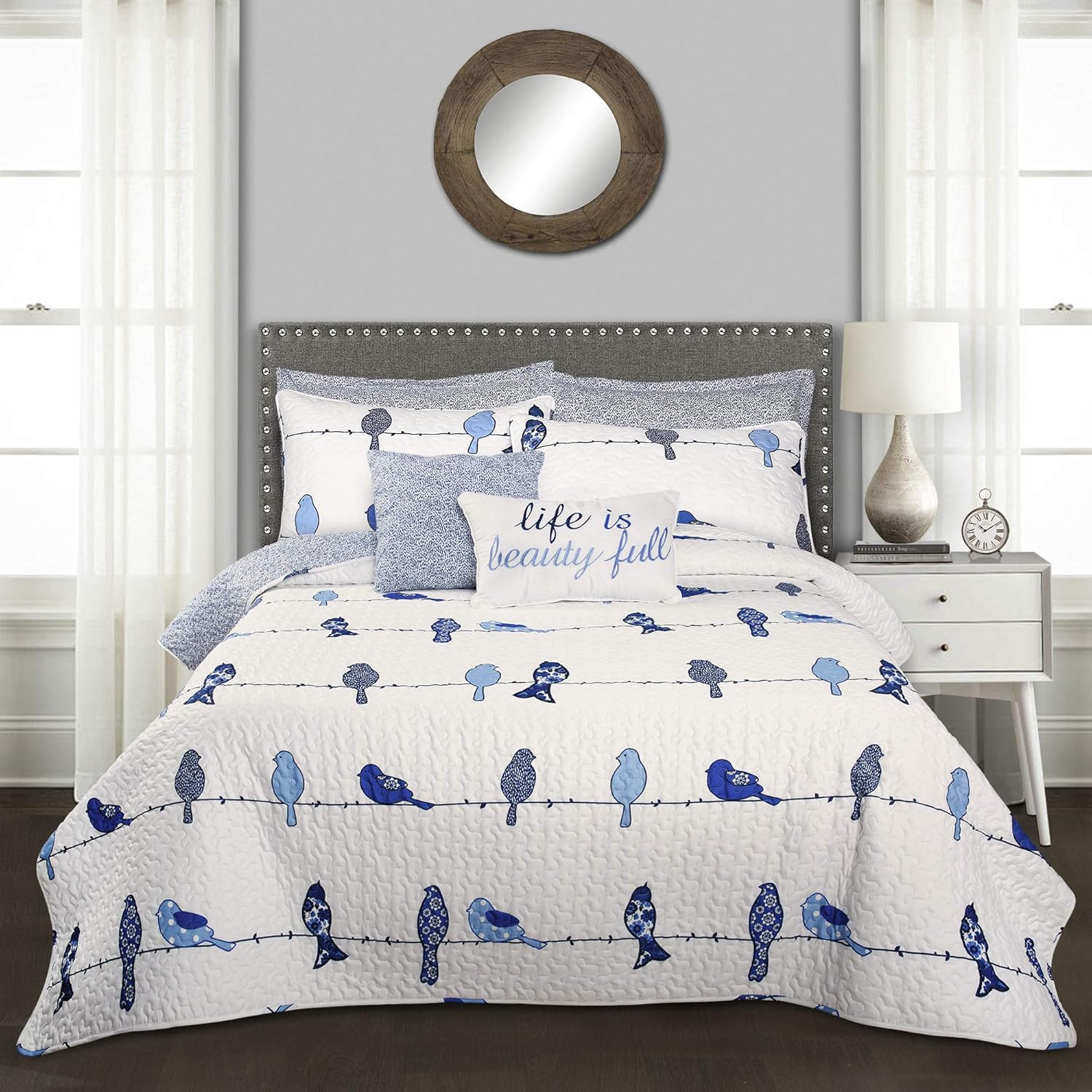 Lush Decor Rowley Birds 7 Piece Reversible Quilt Set, Full/Queen, Navy