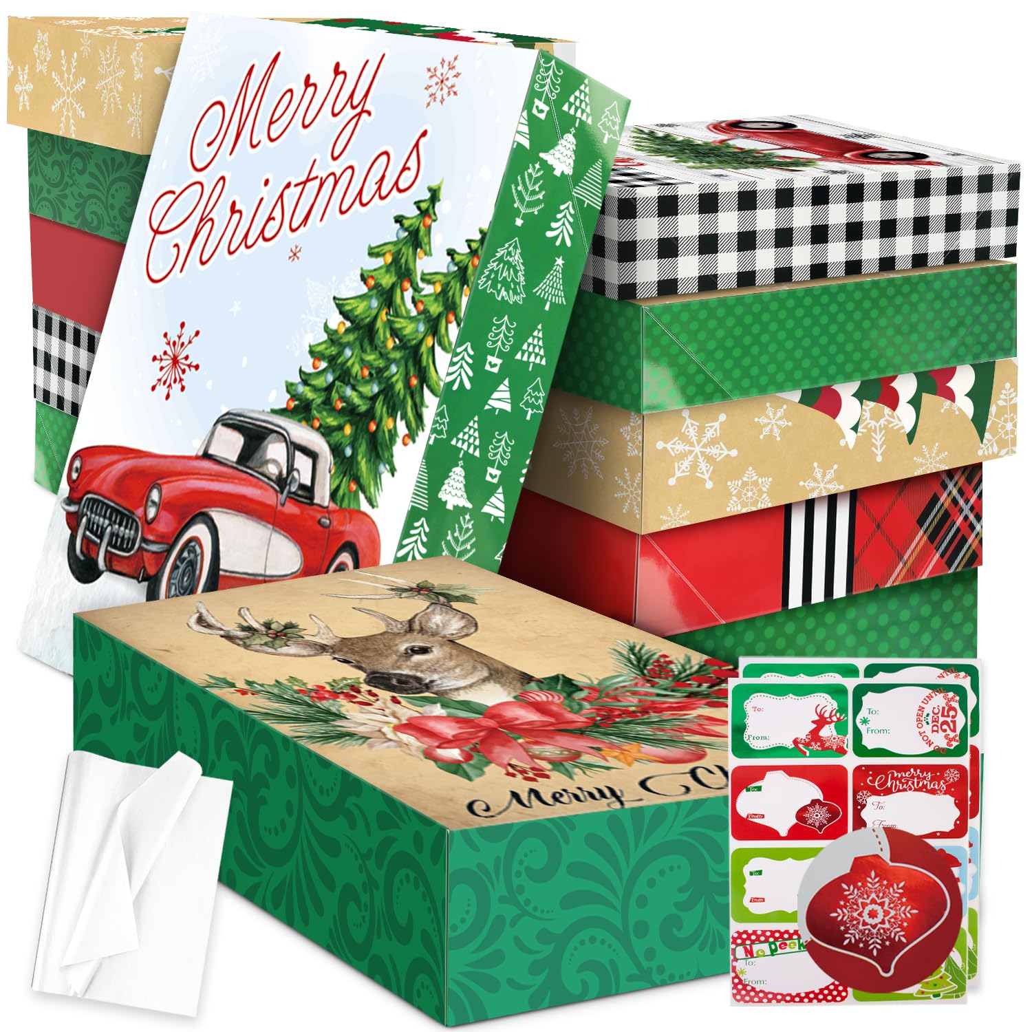 Photo 1 of 12 Extra Large Christmas Gift Wrap Boxes Bulk with Lids, 12 Tissue paper and 80 Foil Christmas gift Stickers for Wrapping Oversized Clothes (Robes, Sweater, Coat, Shirts) and Xmas Holiday Present