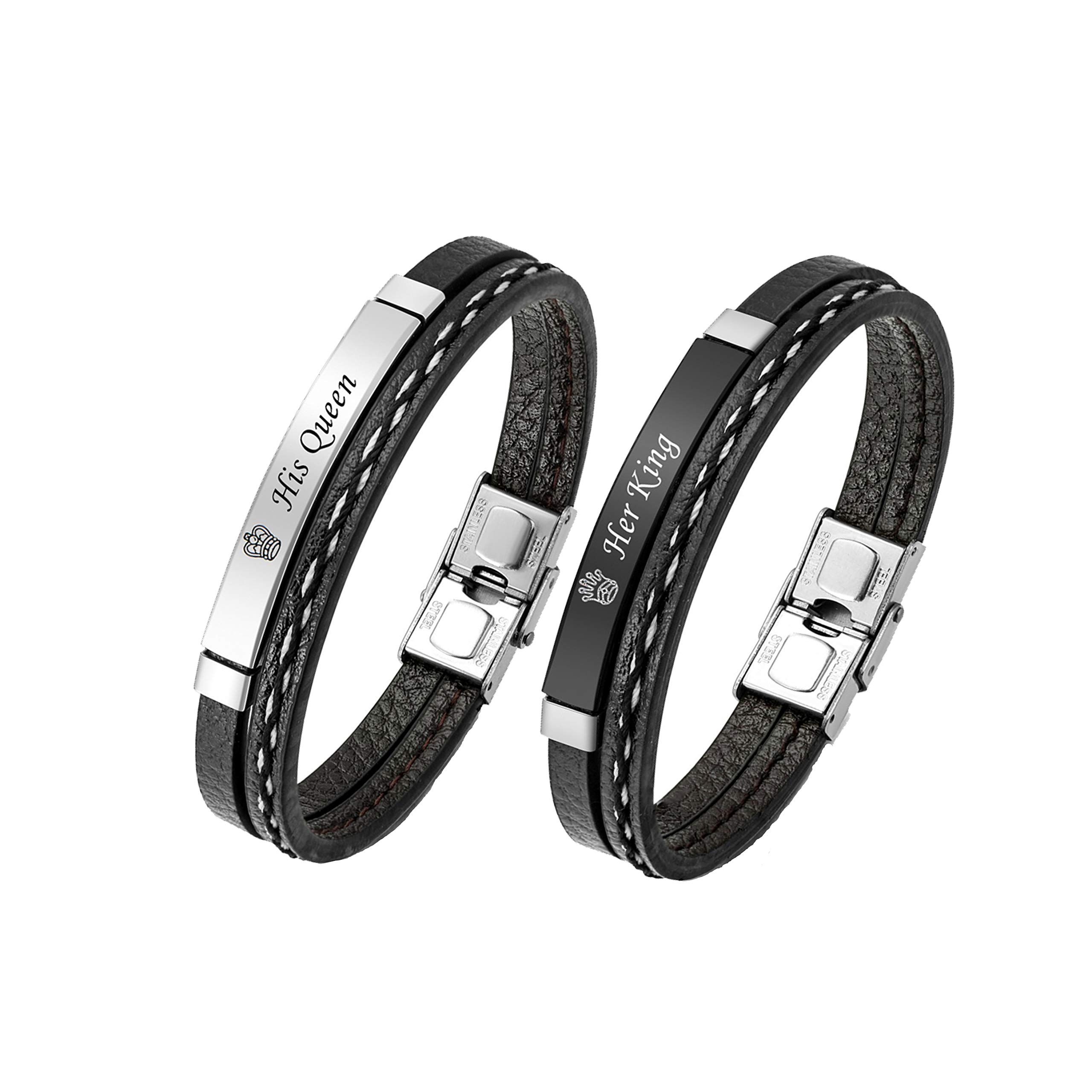 Zysta "Her King" and "His Queen" Engraved Curb Chain Bracelets, One Pair of Stainless Steel Couples Bracelets for Men and Women in Love, Gift Set, Stainless Steel,
