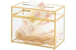 FISCRAT Locking Glass Card Box with Slot - Large Gold Brass Wedding Gift Holder for Birthday Party, Bridal Shower & Anniversary, Clear Display Themed Security Box for Greeting Cards （9.8x7.7 inches）