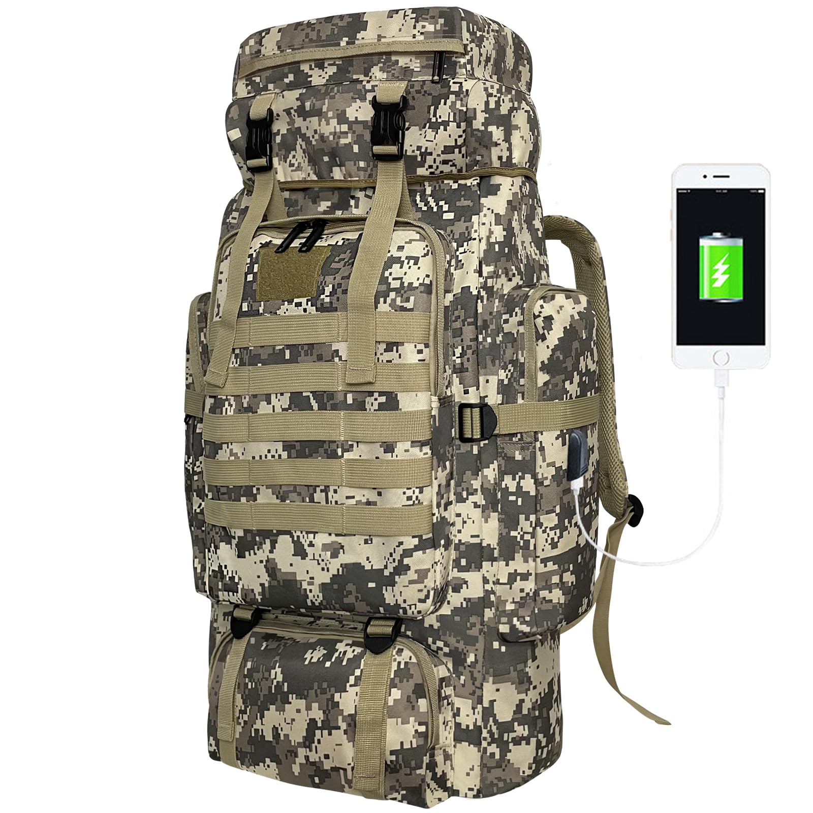 Vaupan Hiking Backpack, 80L Camping Military Tactical Backpack with USB Charging Port, Waterproof Large Travel Daypack Outdoor MOLLE Rucksack for Men Women (City Camo) — image 1