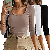 Xaatren 3 Pack 3/4 Length Sleeve Tops for Women Ribbed Scoop Neck Slim Fitted T-Shirts Summer Casual Basic Tight Tees