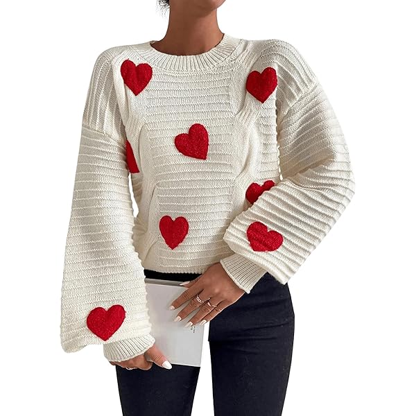 Verdusa Women's Heart Print Drop Shoulder Crew Neck Long