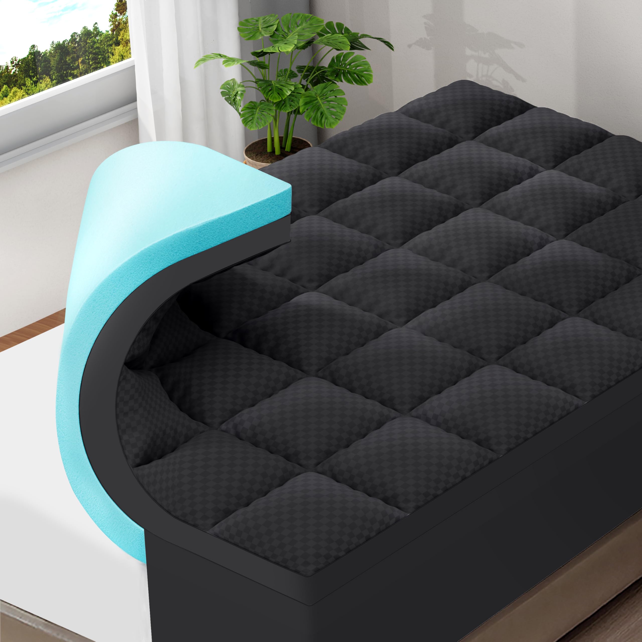 OLANLY Dual-Layer 4 Inch King Size Memory Foam Mattress Topper for Back Pain, 2 Inch Cooling Pillow Top Mattress Pad Cover and 2 Inch Gel Memory Foam Topper, Deep Elastic Pocket, Black