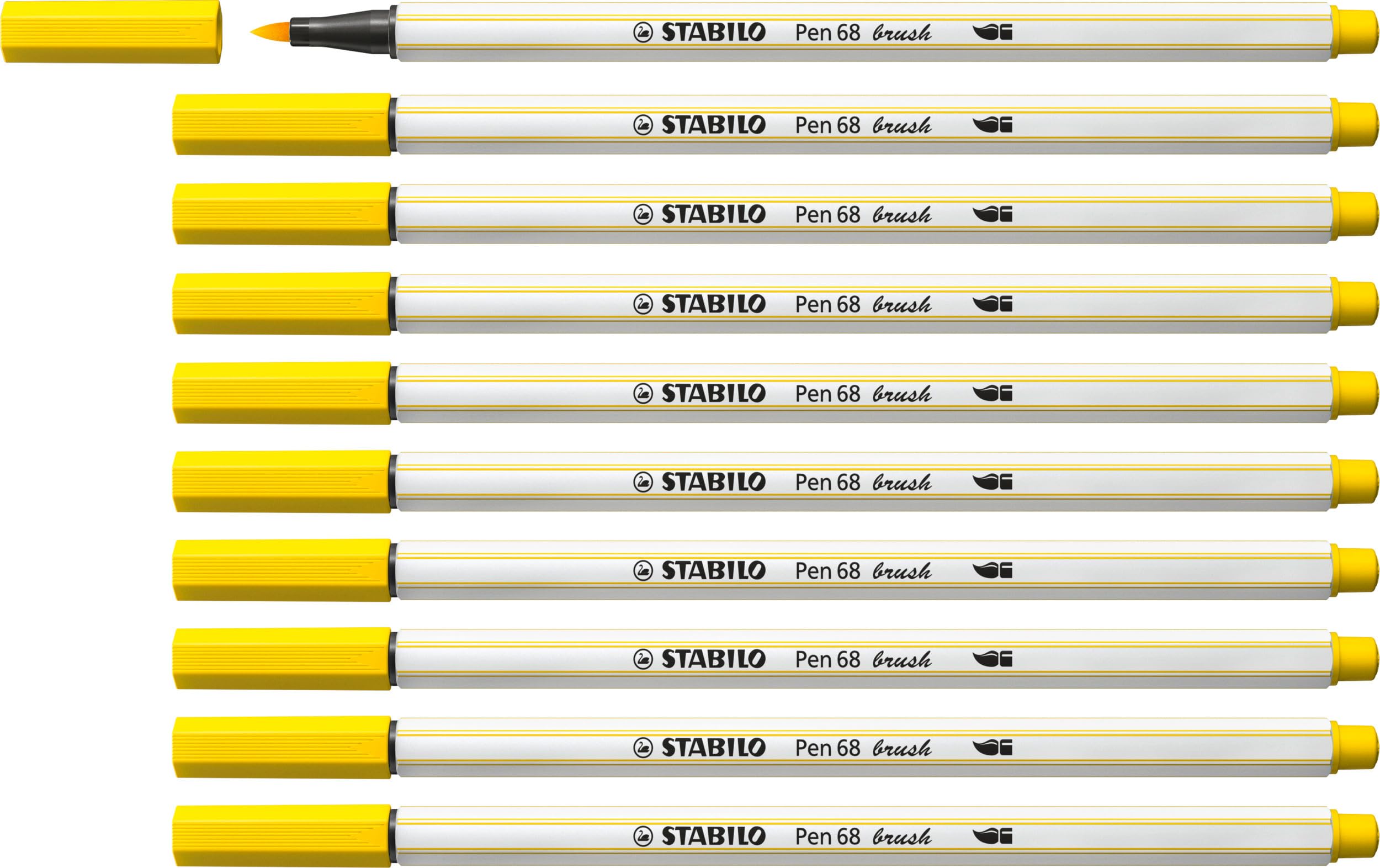 STABILO Pen 68 brush - Premium Fibre-Tip Pen with Brush Tip - Pack of 10 - Yellow