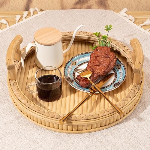 Round Bamboo Decorative Tray with Woven Seagrass, Round