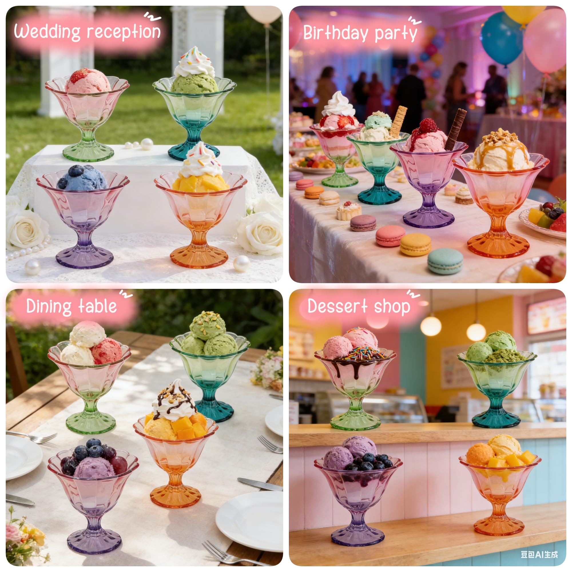 Glass Dessert Bowls 10 Oz Set of 4 Ice Cream Cups Footed Bowl Assorted Colors Clear Drinking Cup for Sundae, Dessert, Candy, Fruit, Ice Cream, Snack Pudding